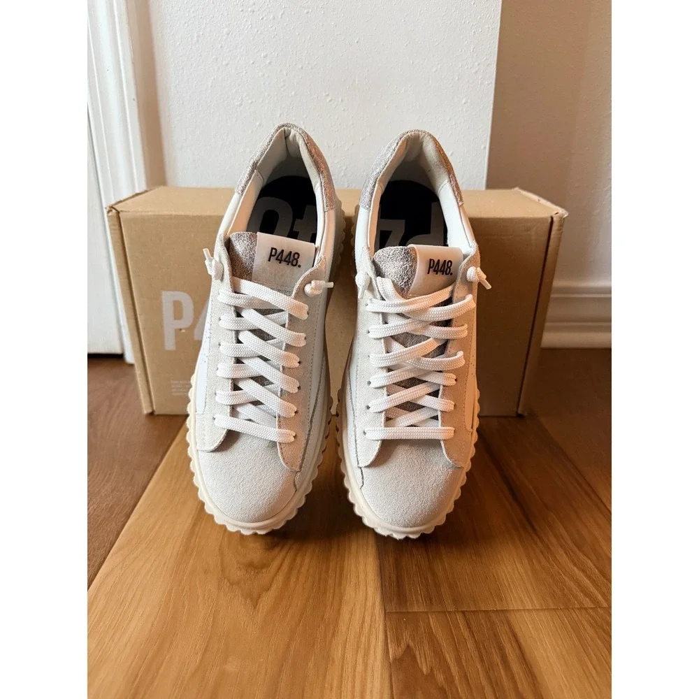 P448 Womens Creeper Platform Sneakers White‎ Pluto Leather Glitter Size 9/39